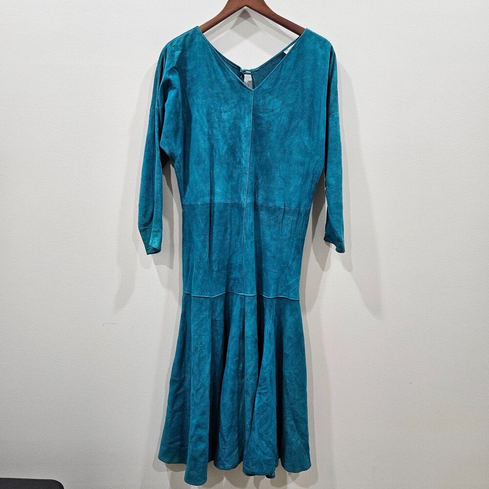Vintage Christian Lauren Suede Leather Dress M Blue Tiered Western Minimalist